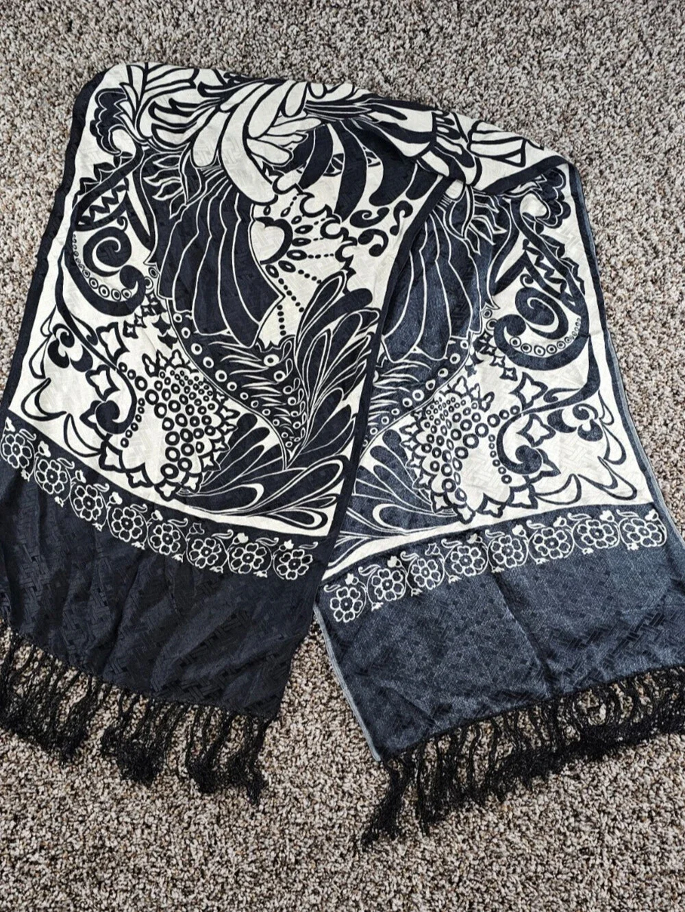 Vintage black and white patterned 100% silk scarf Fringe Hem Floral